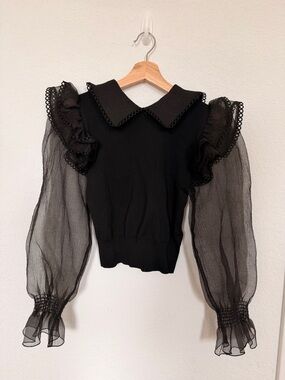Zara Black Sheer Balloon-Sleeve Peter Pan Collar Top